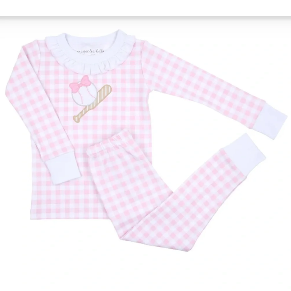 Magnolia Baby Batter Up Applique Pink Ruffle Toddler Long Pajamas